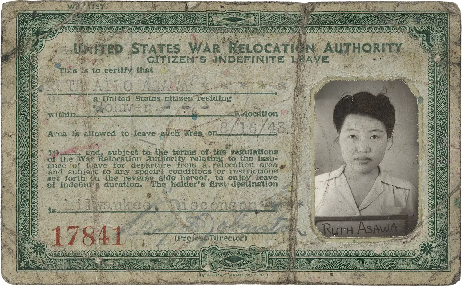 Ruth Asawa’s “Citizen’s Indefinite Leave” card. Ruth Asawa’s “Citizen’s Indefinite Leave” card.